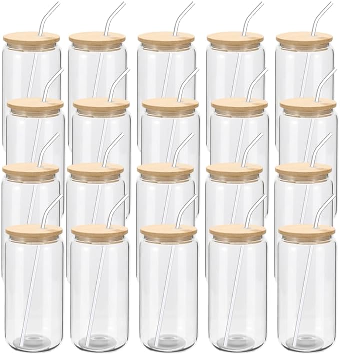 YOUKE OLA 20 Pack Glass Cups with Bamboo Lids and Glass Straw 16oz Beer Can Shaped Drinking Glasses Cups, Glass Tumbler Reusable Cute Cups for Whiskey, Iced Coffee, Tea, Soda, Cocktail, Gift, Clear