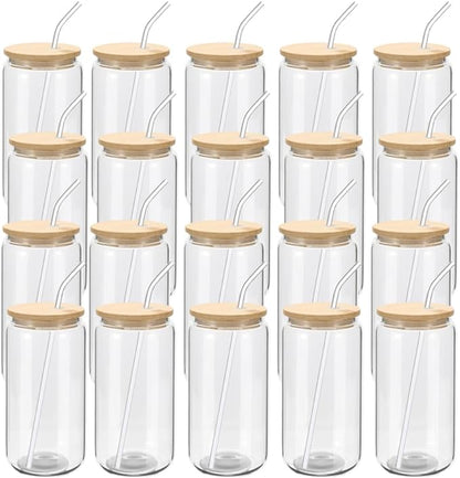YOUKE OLA 20 Pack Glass Cups with Bamboo Lids and Glass Straw 16oz Beer Can Shaped Drinking Glasses Cups, Glass Tumbler Reusable Cute Cups for Whiskey, Iced Coffee, Tea, Soda, Cocktail, Gift, Clear