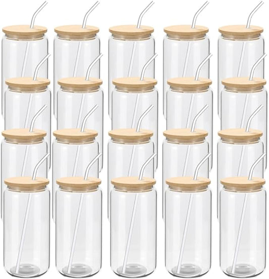 YOUKE OLA 20 Pack Glass Cups with Bamboo Lids and Glass Straw 16oz Beer Can Shaped Drinking Glasses Cups, Glass Tumbler Reusable Cute Cups for Whiskey, Iced Coffee, Tea, Soda, Cocktail, Gift, Clear
