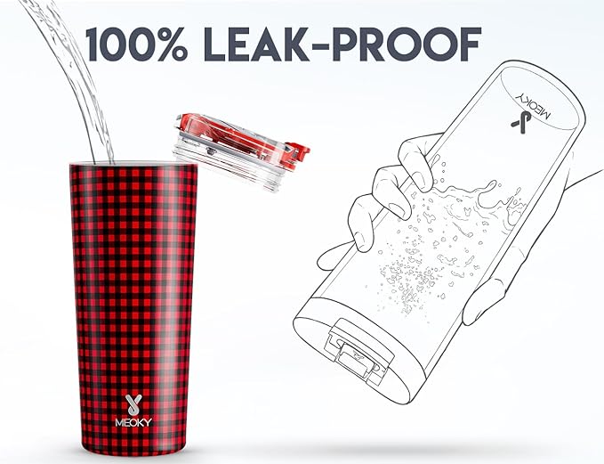 Meoky 24 oz Travel Coffee Mug with Leak-proof Lid, Stainless Steel Insulated Coffee Tumbler, Keeps Hot for 8 Hours or Cold for 24 Hours, Fits in Car Cup Holder (Crimson Plaid)