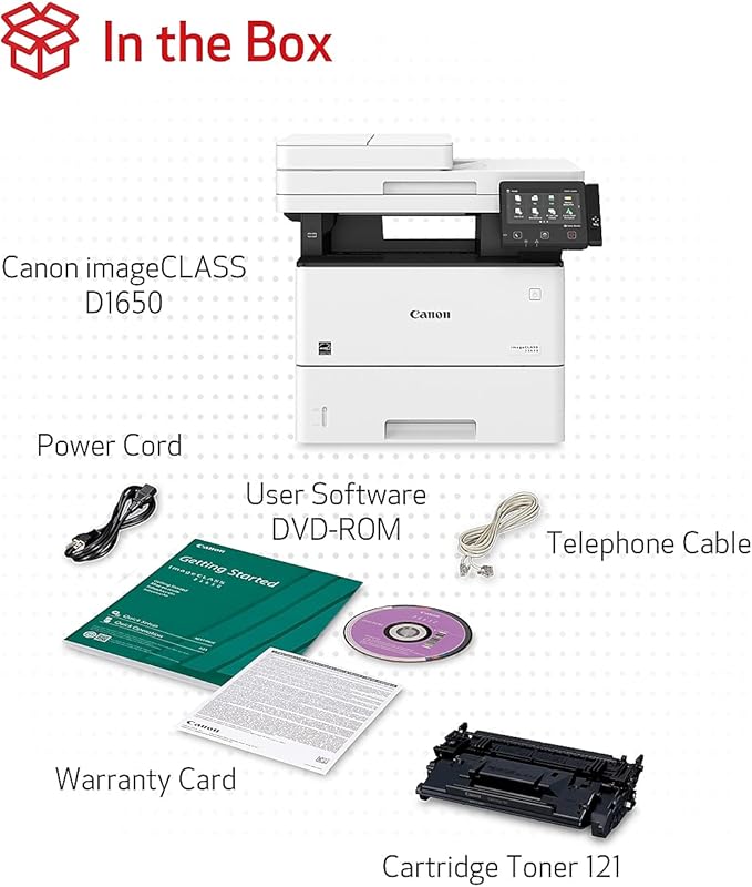 Canon imageCLASS D1650 - Monochrome Duplex Wireless Laser Printer, All-in-One With Scanner, Copier, Fax, Automatic Document Feeder, 3 Year Limited Warranty, 45 PPM, White