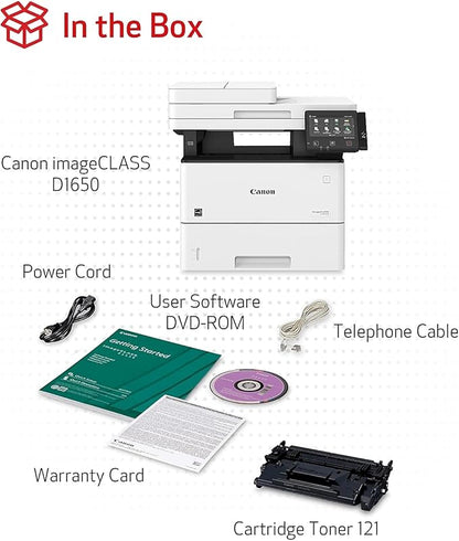 Canon imageCLASS D1650 - Monochrome Duplex Wireless Laser Printer, All-in-One With Scanner, Copier, Fax, Automatic Document Feeder, 3 Year Limited Warranty, 45 PPM, White