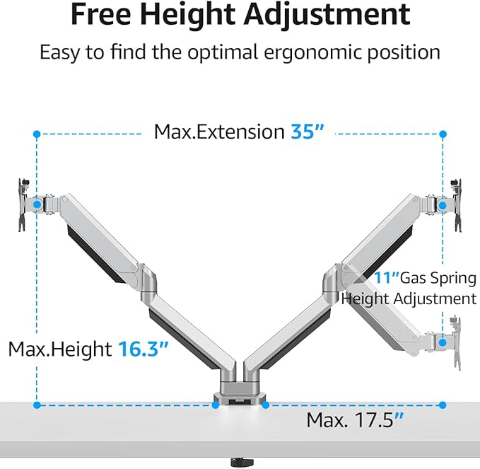 MOUNTUP Dual Monitor Desk Mount, Die-Cast Aluminum Fully Adjustable Double Monitor Arm with Gas Spring, Computer Monitor Stand Fits 2 Screen 17 to 32 inch - Each Arm Holds 4.4-19.8LBS, MU0024