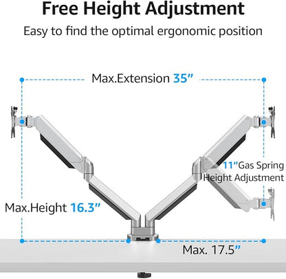 MOUNTUP Dual Monitor Desk Mount, Die-Cast Aluminum Fully Adjustable Double Monitor Arm with Gas Spring, Computer Monitor Stand Fits 2 Screen 17 to 32 inch - Each Arm Holds 4.4-19.8LBS, MU0024