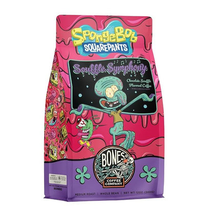 Bones Coffee Company Spongebob Soufflé Symphony, Chocolate Soufflé Flavored Whole Coffee Beans, Low Acid Medium Roast Arabica Beans Flavored Coffee, 12 oz Whole Bean