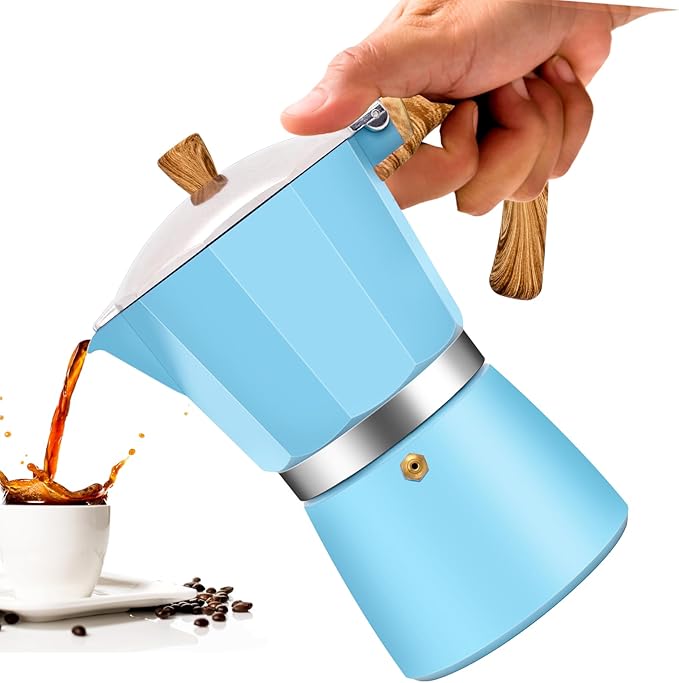 6 Cup Aluminum Moka Pot Classic Stovetop Espresso Coffee Maker 300ml 10oz Coffeemaker Percolator Mocha Pot Greca Coffee Maker Cafe Makers for Italian and Cuban Café Brewing Blue