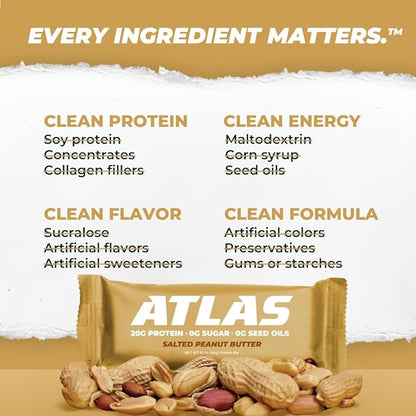 Atlas Bar – 20g Protein, 1g Sugar, 0g Seed Oils, 0g Artificial Sweeteners (12 Count, Salted Peanut Butter)