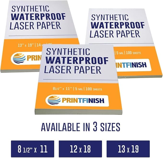 Printfinish Synthetic Laser Paper | 13x19 Weatherproof Copy Paper | 305mm x 457mm 14 Mil Tear Resistant Printer Paper | Superior Laser Image Quality | Ideal for Full-Colour Prints (Box of 25)