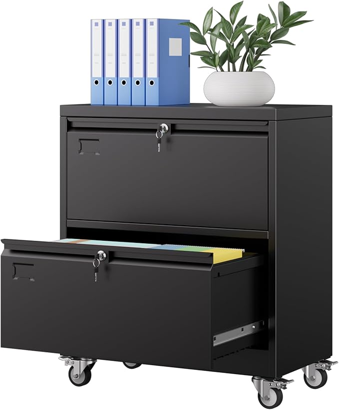 Aobabo 2 Drawer Lateral File Cabinet with Wheels, Lockable Metal Filing Cabinet for Home Office, Legal/Letter Size,Black,Required Assembled,15.87" D x 28.94" W x 34" H
