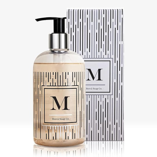 Brevä Soap Co. Monogrammed Luxury Liquid Hand Soap | Choose from Letters A to Z | Citrus Bloom Scent | Personalized Liquid Hand Wash for Bathroom & Kitchen |12 oz - Letter M
