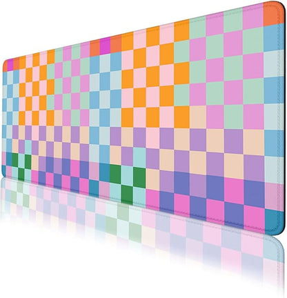 Colorful Plaid Desk Mat Cute Grid Red Blue Pink Yellow Large Gaming Mouse Mat with Stitched Edges,Non-Slip Waterproof Rubber Base Mous Mat 31.5"x11.8"