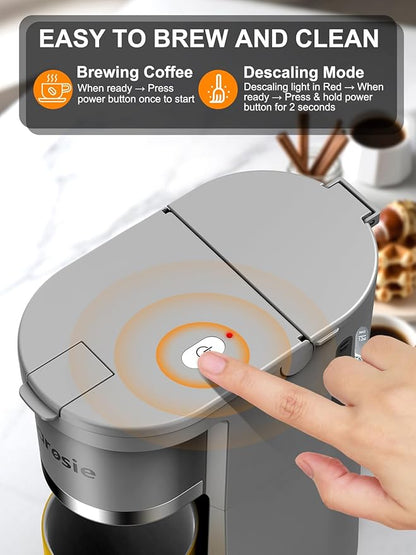 Slim Single Serve Coffee Maker, Fast Brew for K-Cup & Ground Coffee Small One Cup Coffee Maker, 6-12 Oz Brew Sizes, Coffee Machine with Descaling Reminder and Water Window,Grey