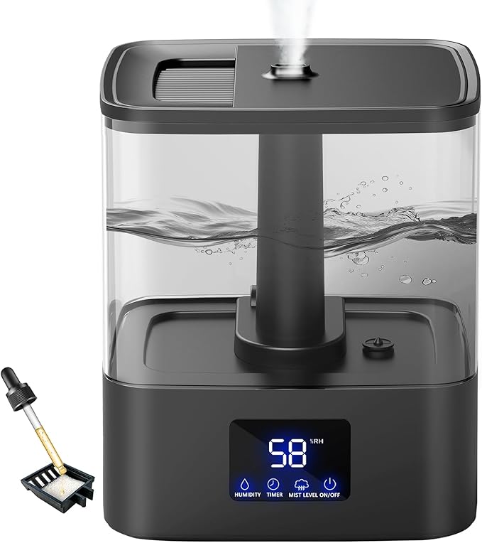KZF 6L Top Fill Humidifiers for Bedroom & 60H Runtime - Cool Mist Humidifier, 3 Mist Levels, 8H Timer, Essential Oil Tray, Humidity Display, Quiet for Bedroom, Baby, Plants, Large Room