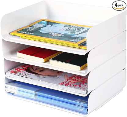 4 Tiers Stackable A4 Paper Trays, Office Desk File Holder, Tidy File Document Letter Book Paper Organizer (4 Tiers,White)