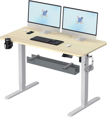Standing Desk with Cable Management Tray, 48"x24" Electric Height Adjustable Sit Stand Desk, Memory Presets, Anti-Collision, Workstation for Home Office, Light Wood Top White Frame