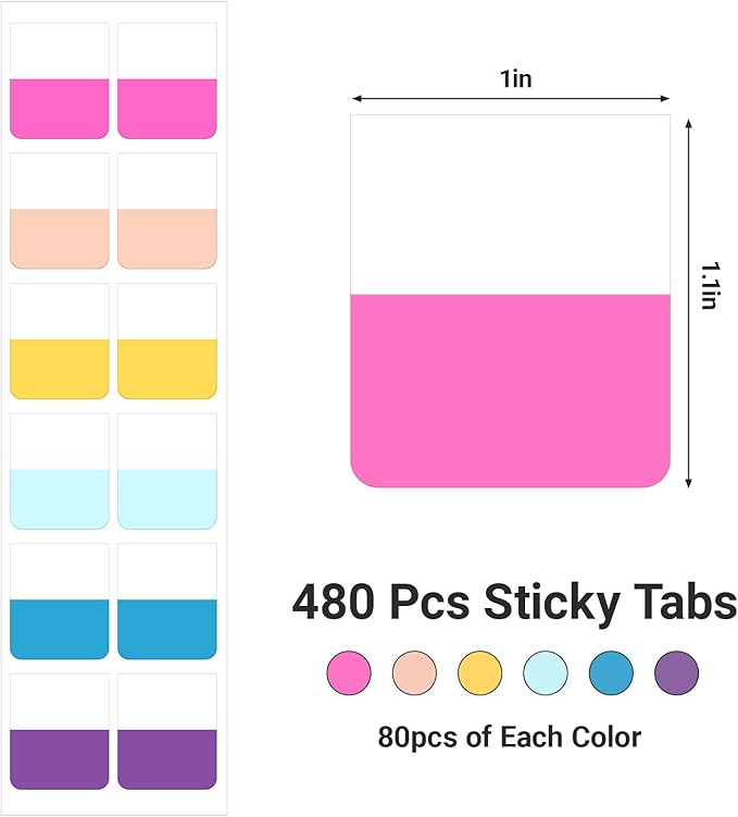 EUSOAR Book Tabs, 480 Pcs 1x1.1 Inch Assorted Pastel Colors Sticky Tabs for Notebooks Repositionable Page Markers, Self Adhesive Annotation Stickers Clear Sticky Notes Tab for School Office