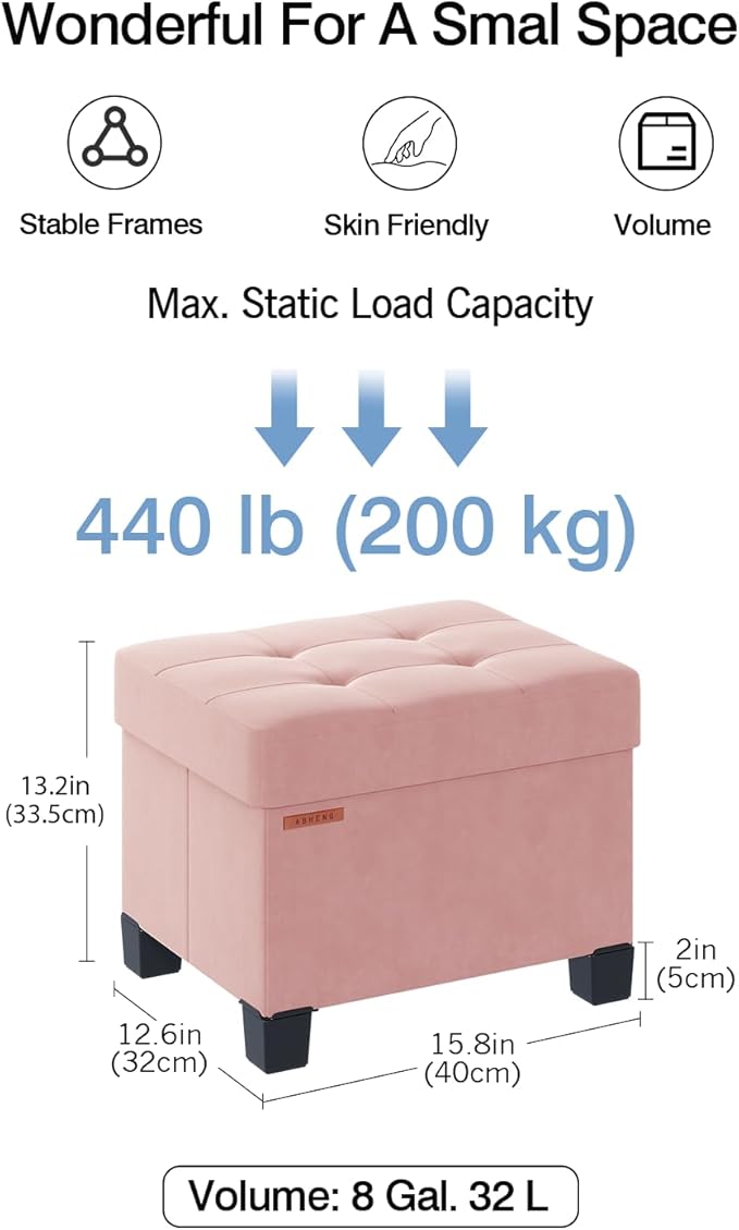 Cube Storage Ottoman, Velvet Foot Stool with Feet, Folding Storage Bench, End of Bed Bench, Storage Chest, for Living Room, Bedroom, 12.6 x 15.8 x 13.2 Inches, Jelly Pink, ASND21P