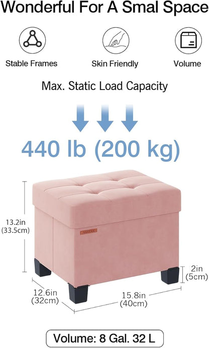 Cube Storage Ottoman, Velvet Foot Stool with Feet, Folding Storage Bench, End of Bed Bench, Storage Chest, for Living Room, Bedroom, 12.6 x 15.8 x 13.2 Inches, Jelly Pink, ASND21P