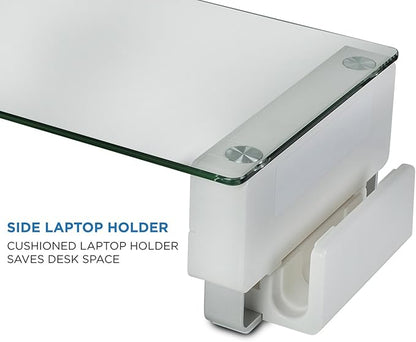 Mount-It! Glass Monitor Stand with 3 USB Ports | Desktop Riser Fits 24, 27, 30, 32 Inch Screens, 66 Lbs Capacity