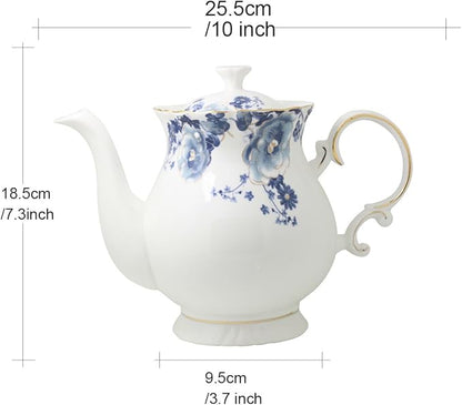 Jomop European Style Ceramic Flower Teapot Coffee Pot Water Pot Porcelain Gift Large 5.5 Cups (1, Blue and White)