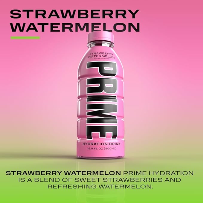 PRIME Hydration STRAWBERRY WATERMELON, Sports Drinks, Electrolyte Enhanced for Replsnishing Fluids, 250mg BCAAs, B Vitamins, Antioxidants, Low Sugar, 16.9 Fl Oz, 12 Pack