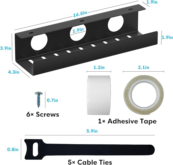 Self-Adhesive Under Desk Cable Management Tray 2 Pcs Steel Under Desk Wires Organizer Power Strip Management No Drill Under Table Organizer for Cable Storage Holder for Office Home Desk/Table