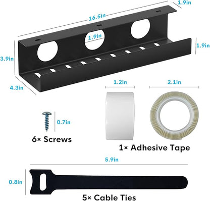 Self-Adhesive Under Desk Cable Management Tray 2 Pcs Steel Under Desk Wires Organizer Power Strip Management No Drill Under Table Organizer for Cable Storage Holder for Office Home Desk/Table