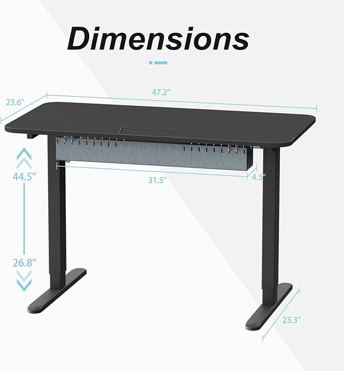 Standing Desk with Cable Management Tray, 48"x24" Electric Height Adjustable Sit Stand Desk, Memory Presets, Anti-Collision, Workstation for Home Office, Black Top Black Frame
