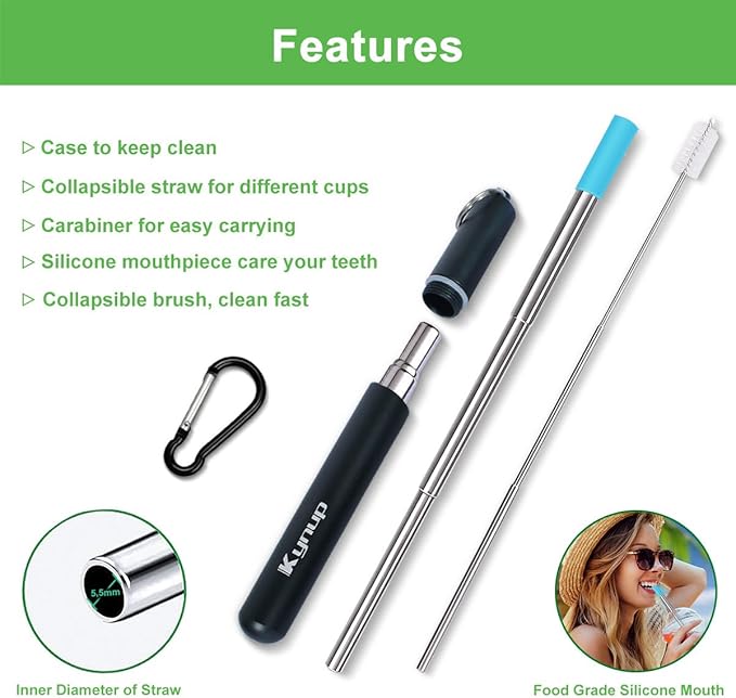 Kynup Reusable Metal Straws (4Packs), Collapsible Travel Drinking Straws with Cases, Cruise Ship Essentials, Cruise Must Haves with Silicone for Gifts (Blue-Black-Rose Gold-Silver)