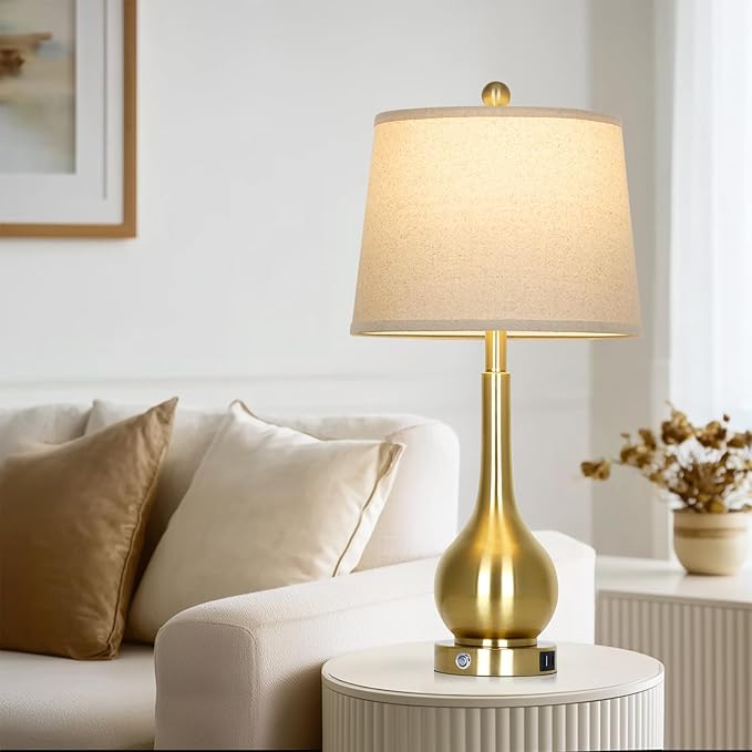 26" Gold Table Lamps Set of 2 for Living Room, Touch Control Bedroom Lamps for Nightstand, 3-Way Dimmable Bedside Lamp with USB A+C Port (2 LED Bulbs Included)