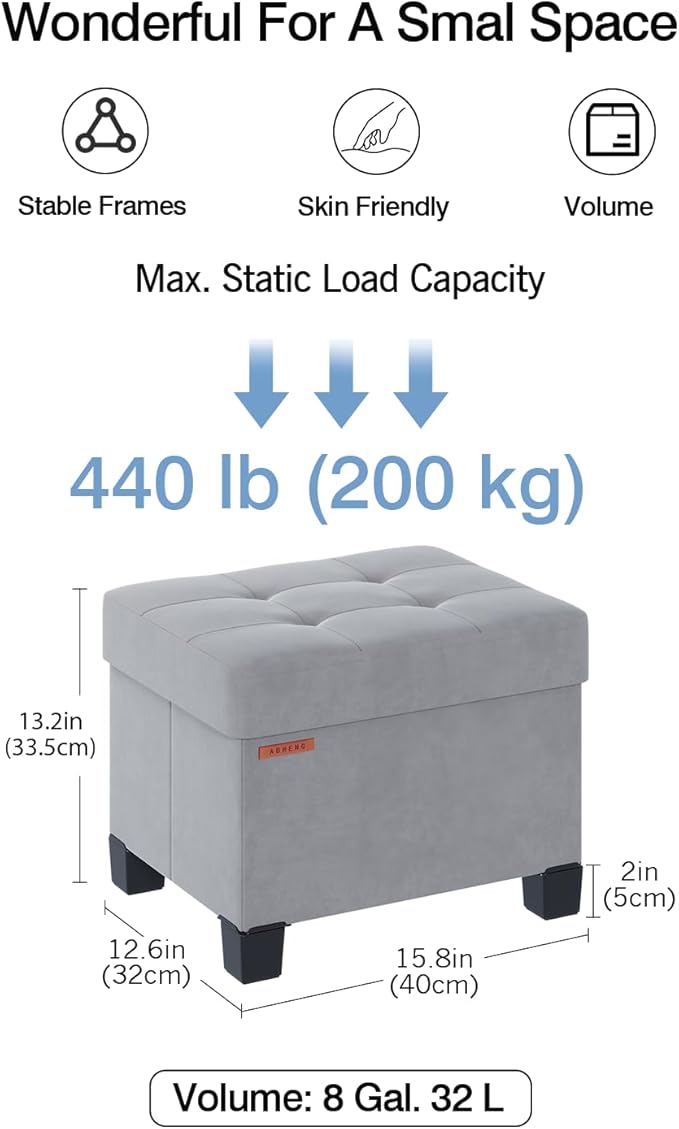 Cube Storage Ottoman, Velvet Foot Stool with Feet, Folding Storage Bench, End of Bed Bench, Storage Chest, for Living Room, Bedroom, 12.6 x 15.8 x 13.2 Inches, Dove Gray, ASND21G