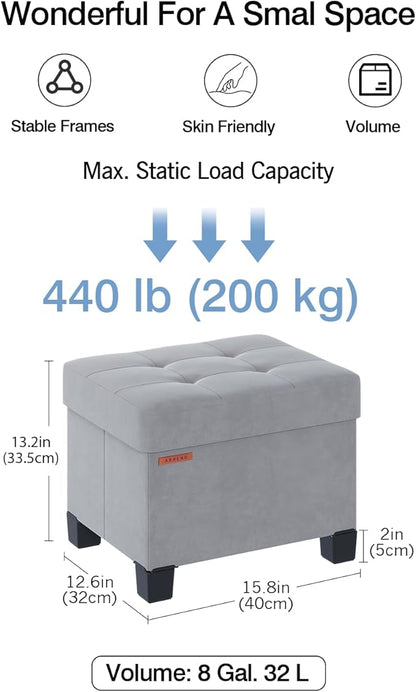 Cube Storage Ottoman, Velvet Foot Stool with Feet, Folding Storage Bench, End of Bed Bench, Storage Chest, for Living Room, Bedroom, 12.6 x 15.8 x 13.2 Inches, Dove Gray, ASND21G