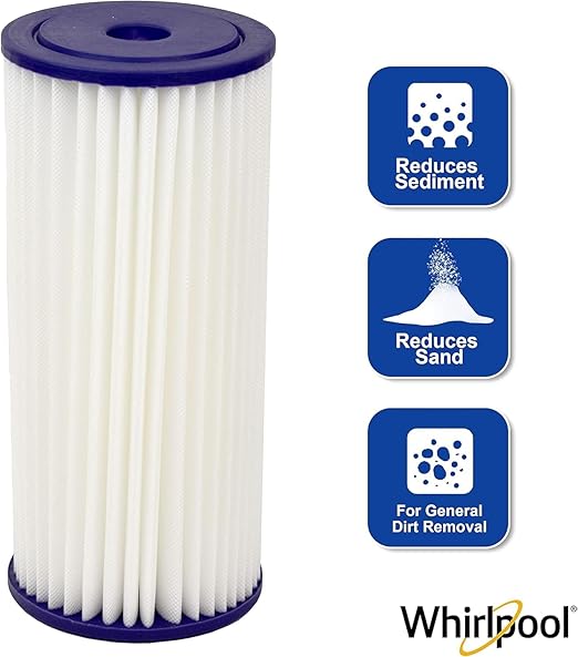 Whirlpool 10" x 4.5" Whole House Water Filter WHKF-WHPLBB, Full Case of 4 Pleated Filters, NSF Certified 20-Micron Rating Reduces Sediment, Fits Most 4.5 inch Diameter Standard Water Filter Housings