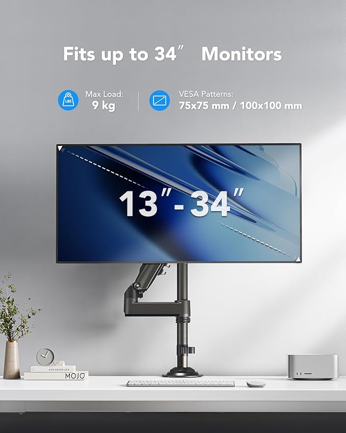 HUANUO Single Monitor Arm, Adjustable Desk Mount for 13-34 inch Screens, Holds 19.8lb, 22.44 inch Max Height, Full Motion Swivel Monitor Stand with VESA 75x75mm and 100x100mm Compatibility