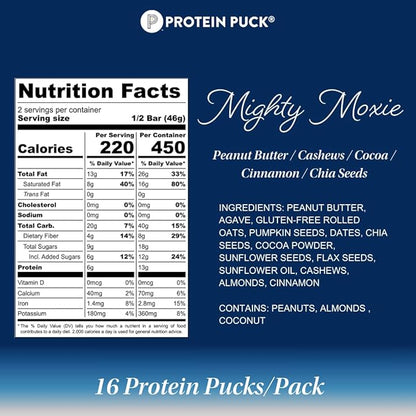 Protein Puck Plant Based Bars | Snacks with Vegan Protein | 16 Count | 3.25 oz Full Size | Gluten Free, Non Dairy, Kosher Certified Non GMO Premium Healthy Bars | Mighty Moxie