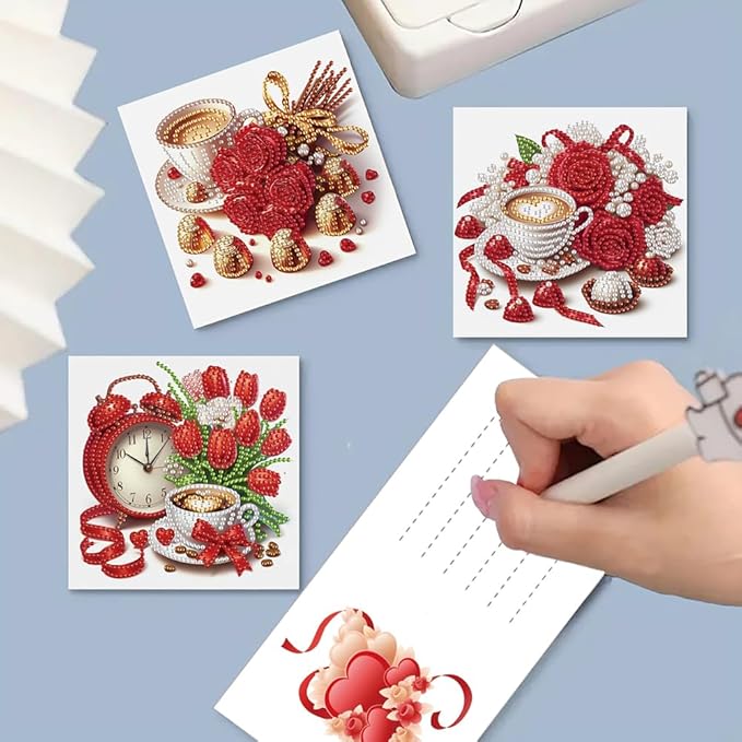 6pcs DIY Valentine Flower Coffee Diamond Art Painting Greeting Cards Kit, Rhinestone Art Holiday Birthday Card Set with Envelopes, DIY Festival Craft for Girlfriend, Christmas Valentine Gift Making Supplies