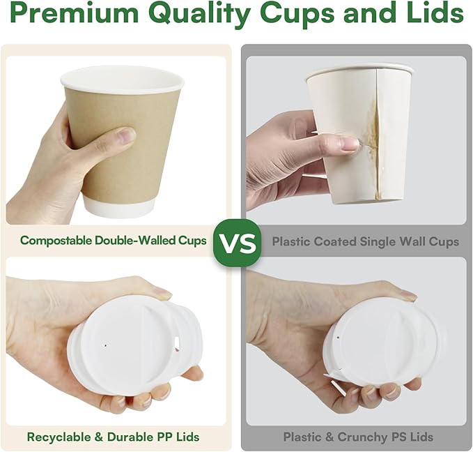 Compostable Coffee Cups with Lids 12 oz To Go Hot Cups,120 Pack Disposable Paper Cups with Lids, BPI Certified PLA Coated Natural Kraft Insulated Disposable Cups for Togo Office Coffee Bar Travel Home