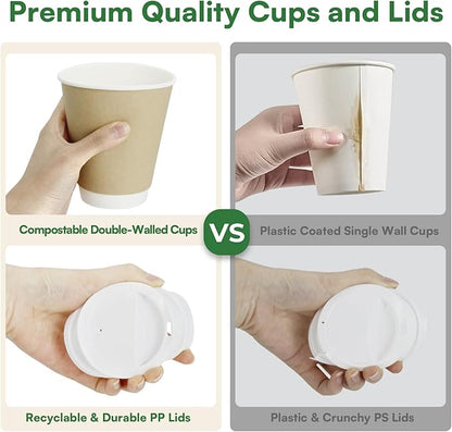 Compostable Coffee Cups with Lids 12 oz To Go Hot Cups,120 Pack Disposable Paper Cups with Lids, BPI Certified PLA Coated Natural Kraft Insulated Disposable Cups for Togo Office Coffee Bar Travel Home