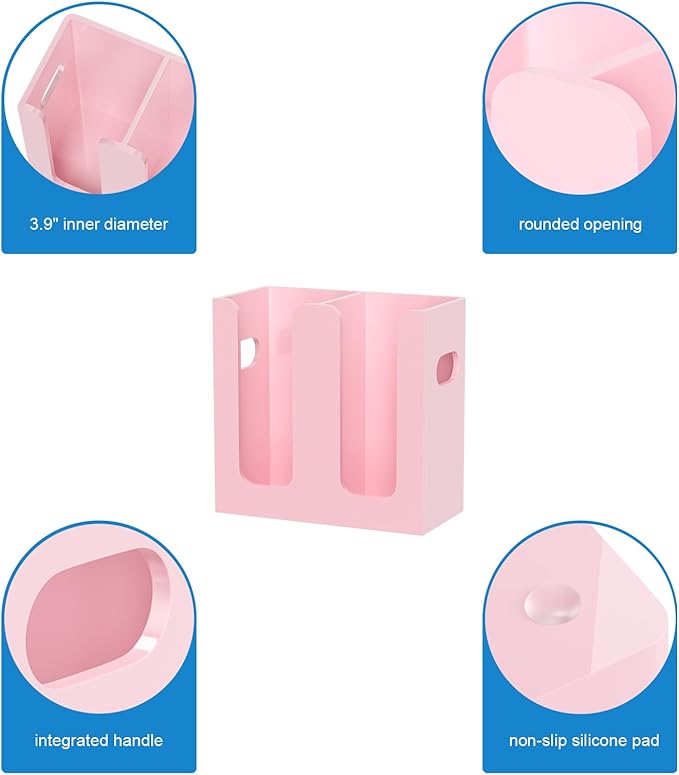 WINFFOR Disposable Cup Organizer Dispenser - 2 Compartments Lightpink Acrylic Cup and Lid Holder with Handles Plastic Cup Dispenser Countertop Paper Cup Holder for Coffee Bar House Party Essentials