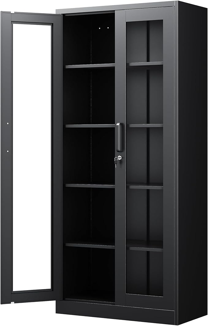 Display Storage Cabinet with Glass Door, 71 Inches Metal Curio Cabinet with 4 Adjustable Shelves, Locking Glass Display Case for Home, Office, Clinic, Pantry, Assemble Required (Black)