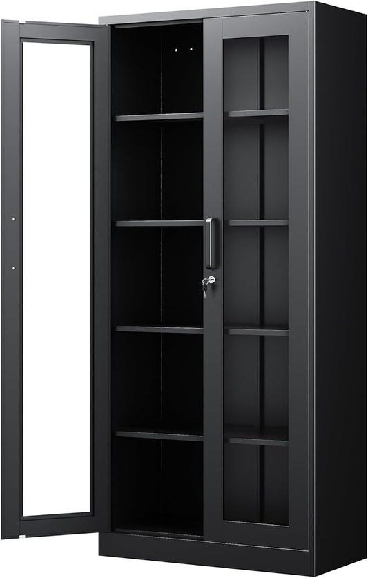 Display Storage Cabinet with Glass Door, 71 Inches Metal Curio Cabinet with 4 Adjustable Shelves, Locking Glass Display Case for Home, Office, Clinic, Pantry, Assemble Required (Black)