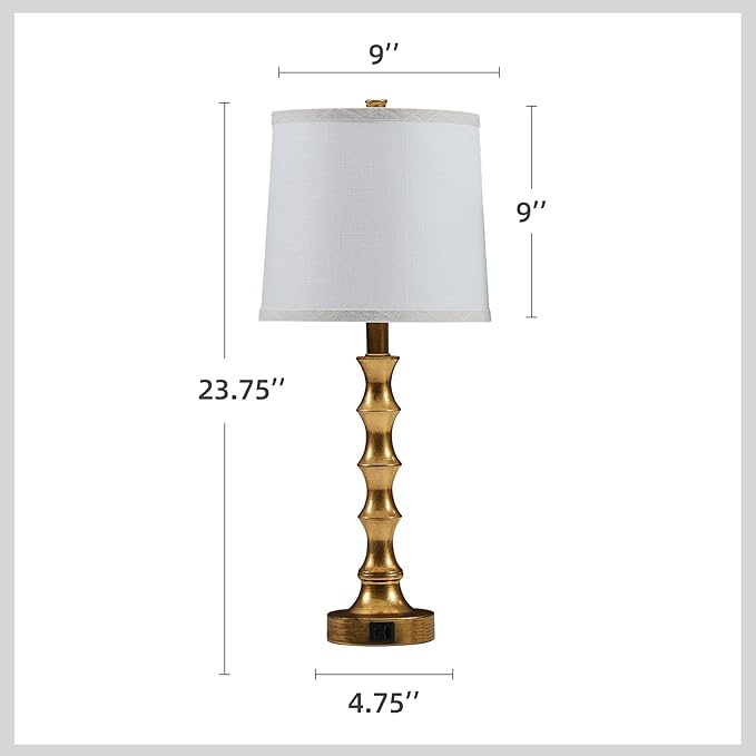 Gold Table Lamp 24" Nightstand Lamps Set of 2 Bamboo Shape Base Metal Desk Lamps with Linen White Shade Bedside Nightlight with USB A+C Ports Rustic Buffet Lamp for Living Room Bedroom