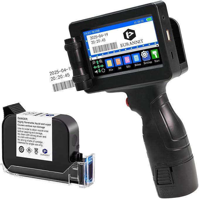 Handheld Inkjet Printer E55 with W6900K Fast-Drying Ink Cartridge, Portable Handheld Printer Gun 0.5 Inch Nozzle for Serial Numbers Logo DIY QRCode barcodes, Print on Carton Plastic Metal