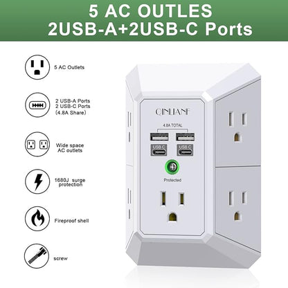 USB Wall Charger, Surge Protector, QINLIANF 5 Outlet Extender with 4 USB Charging Ports(2U2C) 3-Sided 1680J Power Strip Multi Plug Outlets Wall Adapter Spaced for Home Travel Office, White