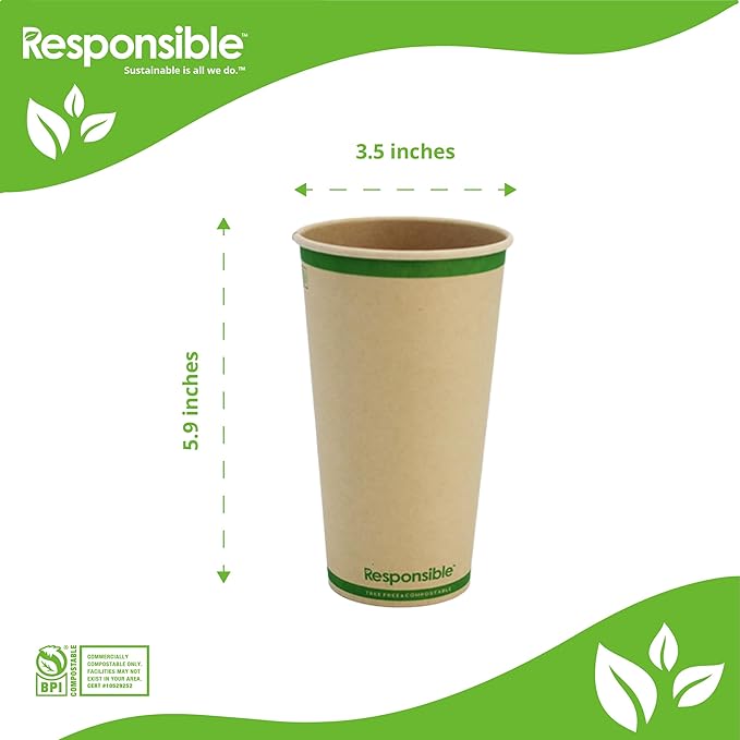 Responsible Products Certified Compostable 20 oz Paper Cups, Cold ＆ Hot Coffee Cups, Disposable Paper Cups, Extra Strength Disposable Cups, Made without PFAS (50 count)