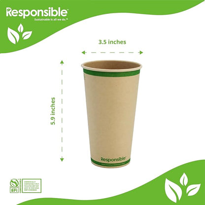 Responsible Products Certified Compostable 20 oz Paper Cups, Cold ＆ Hot Coffee Cups, Disposable Paper Cups, Extra Strength Disposable Cups, Made without PFAS (50 count)