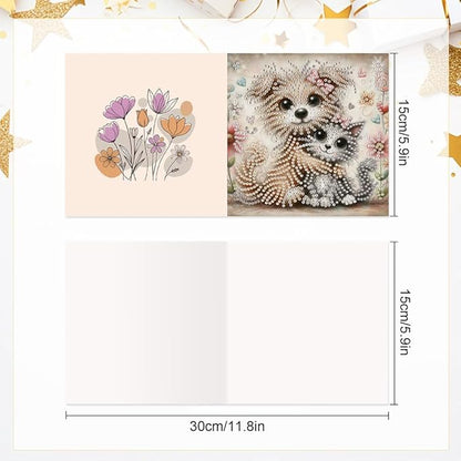 6pcs Diamond Art Painting Postcards with Envelope, Cute Cat Dog Pattern Daily DIY Handmade Greeting Cards Wishing Cards for Special Occasion Festival Craft Gift