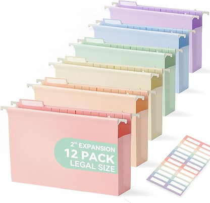 Plastic Extra Capacity Legal Size Hanging File Folders, 2" Pastel Expanding Pocket, Heavy Duty for Filing Cabinet, Insertable 1/5-Cut Tabs - 12 Pack