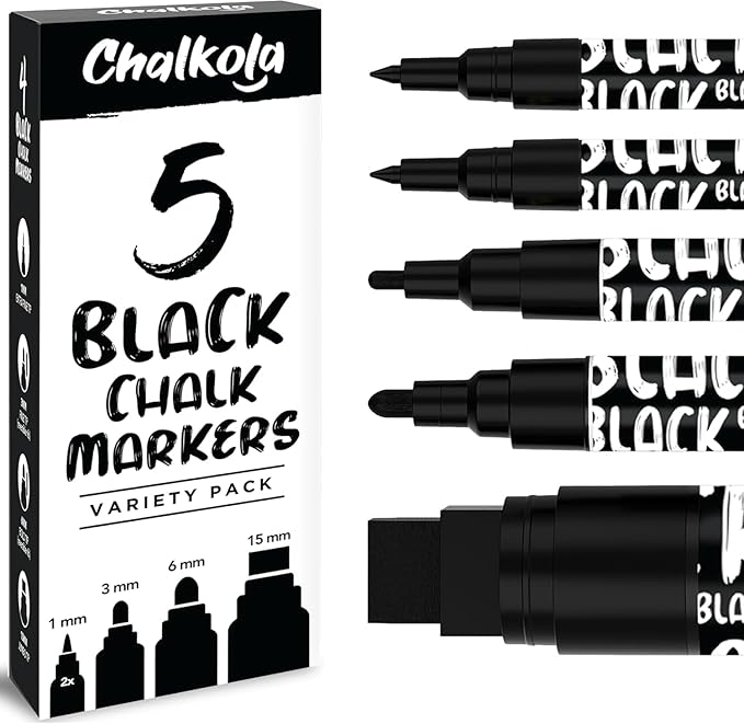 Chalkola 5 Black Liquid Chalk Markers for Blackboard, Chalkboard Signs, Car Windows, Glass - Washable Black Dry Erase Markers | Variety Pack - Fine & Jumbo Size Chalk Pen (1mm, 3mm, 6mm, 15mm)