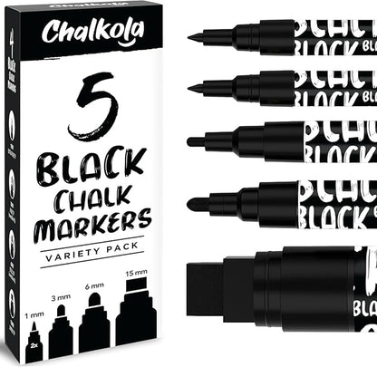 Chalkola 5 Black Liquid Chalk Markers for Blackboard, Chalkboard Signs, Car Windows, Glass - Washable Black Dry Erase Markers | Variety Pack - Fine & Jumbo Size Chalk Pen (1mm, 3mm, 6mm, 15mm)